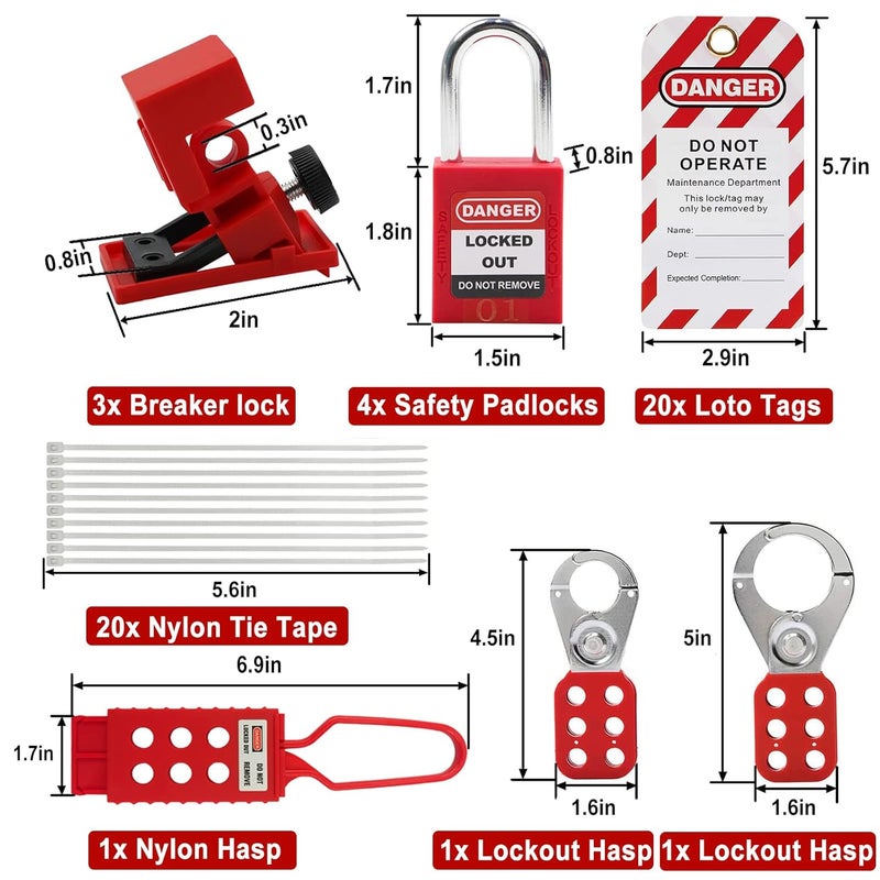 Young Dance Lockout Tagout Kit Electrical Loto - Group Lockout Hasps, Lockout Tags, Safety Padlocks with Number, Nylon Ties with Pocket Bag(Red Kit) - Image 4